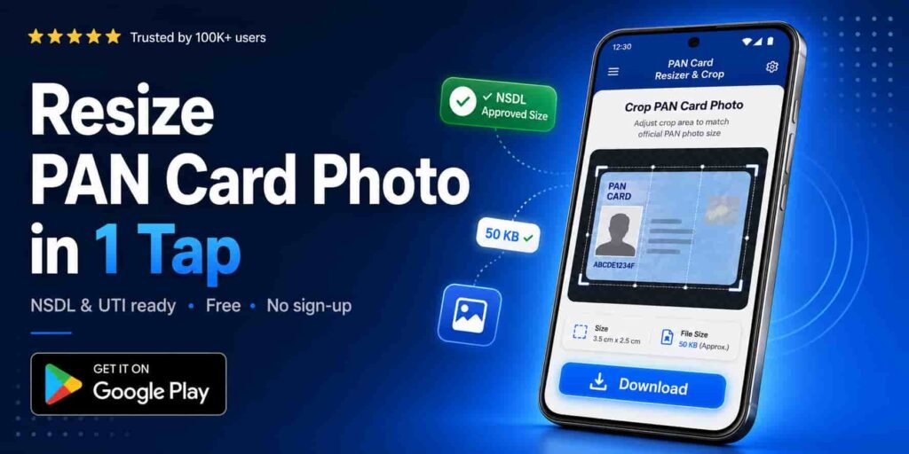 A modern horizontal promotional banner for a PAN Card photo resizing Android app. The banner features a dark navy-to-bright blue gradient background with subtle dotted geometric patterns. On the left side, large bold white and blue text reads “Resize PAN Card Photo in 1 Tap,” followed by smaller gray text saying “NSDL & UTI ready • Free • No sign-up.” A black “Get it on Google Play” badge appears at the bottom-left. At the top-left, gold stars and white text state “Trusted by 100K+ users.” On the right side, a realistic tilted Android smartphone mockup displays the app interface with a PAN card photo cropping screen, crop guides, and a glowing blue “Download” button. Floating UI badges around the phone include a green “NSDL Approved Size” checkmark badge, a “50 KB ✓” indicator, and a photo icon. The design uses soft blue glow effects, subtle shadows, and a premium fintech-style aesthetic.