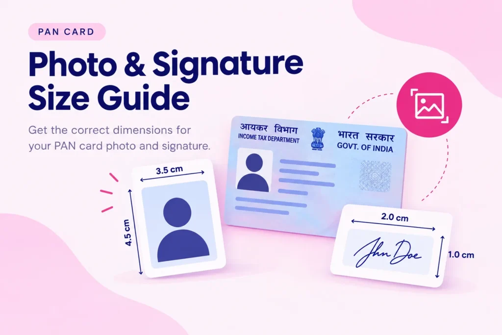PAN signature size guide showing 4.5 × 2 cm, 354 × 157 pixels, and 200 DPI